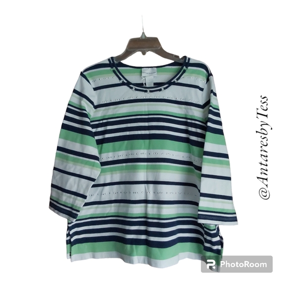 Alfred Dunner XL stripe crewneck pullover 3/4 sleeve straight hem w side split - Picture 1 of 9